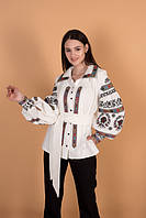 Жіноча етнічна національна сорочка, Вишиванка з коміром жіноча з поясом, Блузка молочного кольору