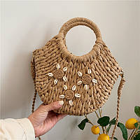 Жіноча літня плетена сумка кросбоді з мушлями та довгим ремінцем BAHAMAS кава з молоком