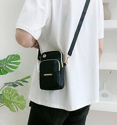 Чорна жіноча міні сумка через плече три відділи. Сумка гаманець, чохол для телефону, сумочка маленька молодіжна