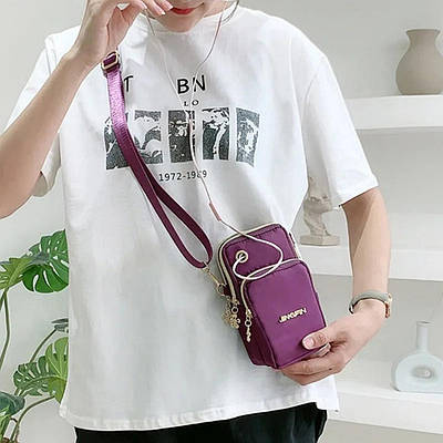 Фіолетова з квітами жіноча міні сумка через плече три відділи. Сумка гаманець, чохол для телефону, сумочка маленька молодіжна