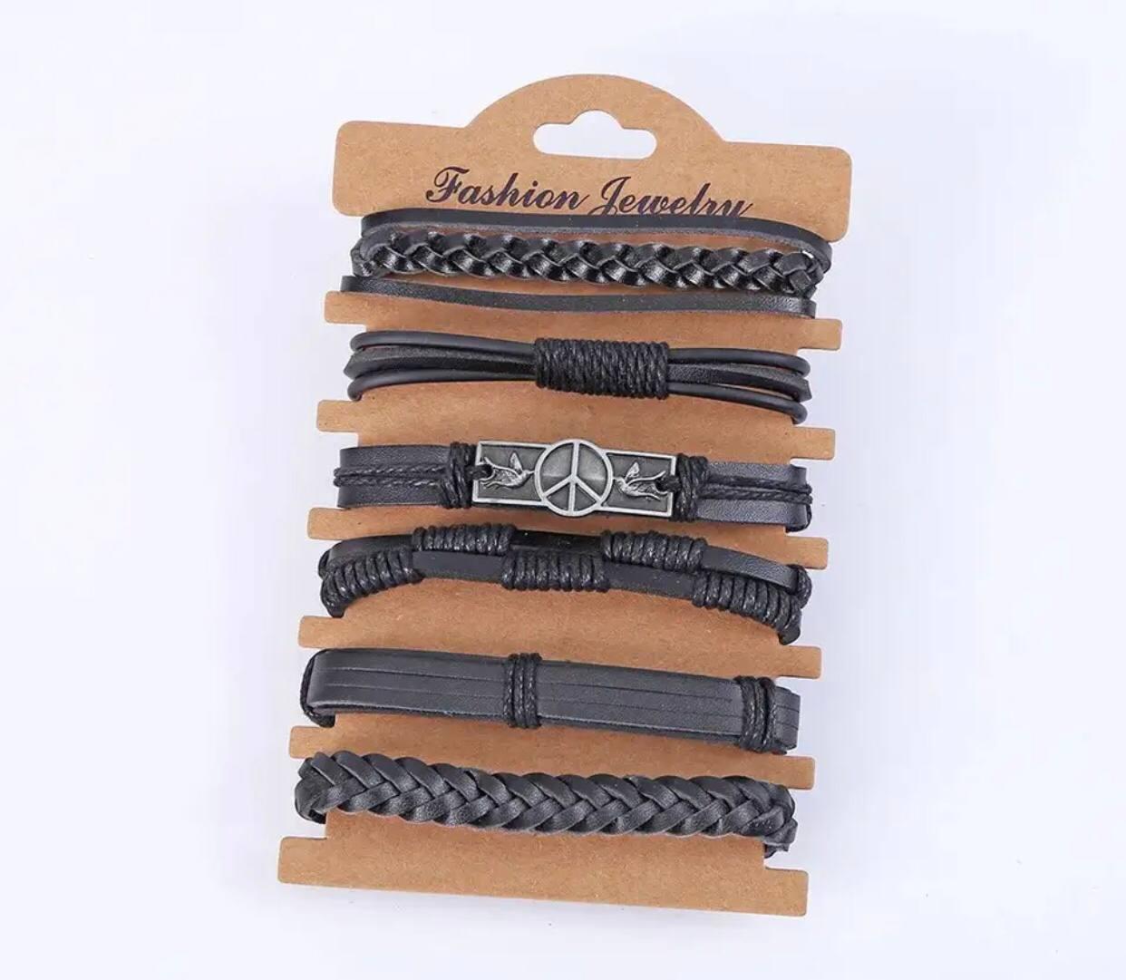Комплект браслетів унісекс з шкіри 6 штук на руку регульовані, браслет для жінок і чоловіків чорний