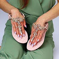 Витончені блискучі рожеві пудрові жіночі босоніжки через палець декор камінці взуття жіноче