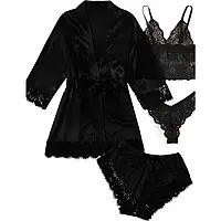 Сексуальний атласний комплект для сну Жіноча піжама, топ і халат колір Чорний