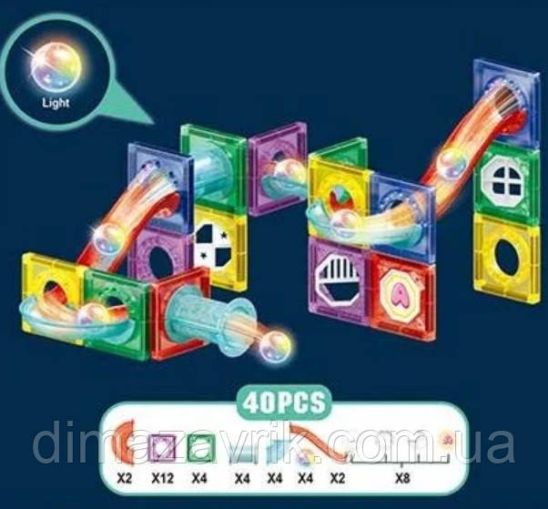 Магнітний Конструктор HD 107 A4 "Городок, трек, кульки" світиться в темряві, 40 деталей, фото 1