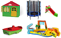 НАБОР Детский домик со шторками, детская горка, песочница Doloni, батут 140 см и надувной комплекс INTEX