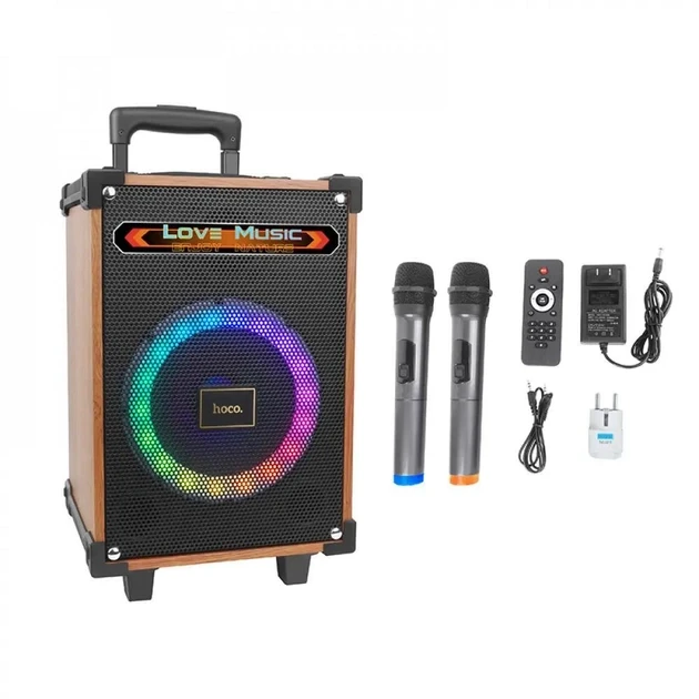 Портативна безпровідна Bluetooth колонка акустика Hoco HA2 Wave RGB пульт ДУ + 2 мікрофони IPX5 lBT5.0, TF/USB/AUX/TWSl Коричневий