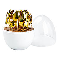 Набір столових приладів золотих на 6 персон із нержавіючої сталі 24 штуки з підставкою "Яйце" Білий