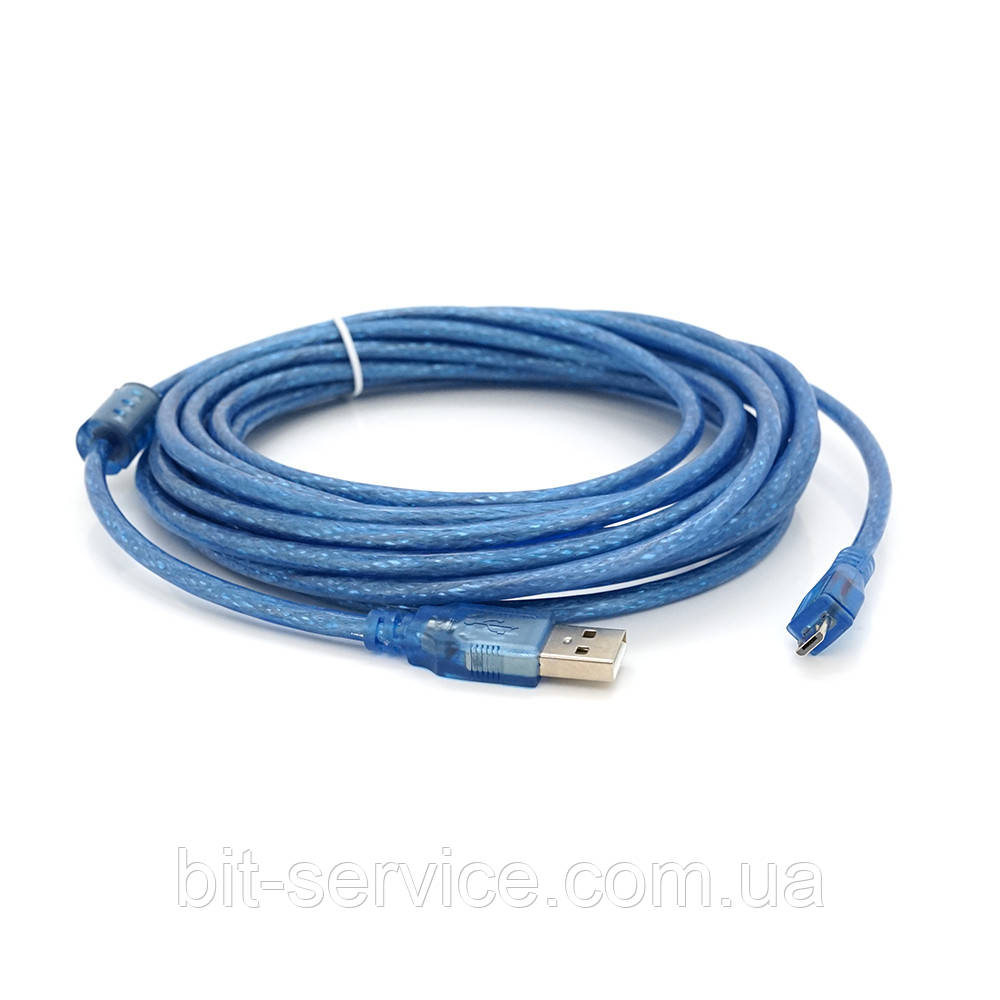 Кабель USB 2.0 (AM / Місго 5 pin) 5м, прозорий синій, Пакет