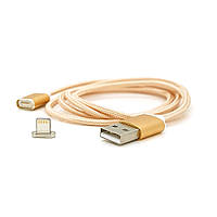 Магнитный кабель USB 2.0/Lighting, 1m, 2А, индикатор заряда, тканевая оплетка, съемник, Gold, Blister ( под