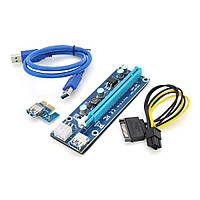 Riser PCI-EX, x1=>x16, 6-pin, SATA=>6Pin, USB 3.0 AM-AM 0,6 м (синий) , конденсаторы 270, Пакет p