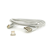 Магнитный кабель USB 2.0/Lighting, 1m, 2А, индикатор заряда, тканевая оплетка, съемник, Silver, Blister ( под