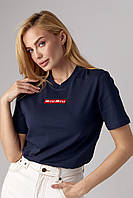 Жіноча футболка з вишитим написом Miu Miu — темно-синій колір, L (є розміри)