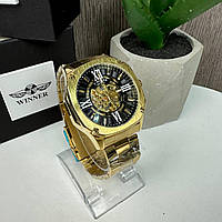 Мужские механические часы Winner GMT-1159 Gold золото,наручные часы Виннер скелетон Золото с черным хорошее