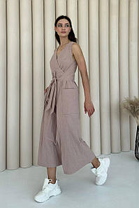 Сукня міді жіноча на запах лляна літня бежева 3534-01