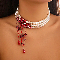 Ожерелье коллар чокер многослойный Кровавая Мэри с белым жемчугом ВК055