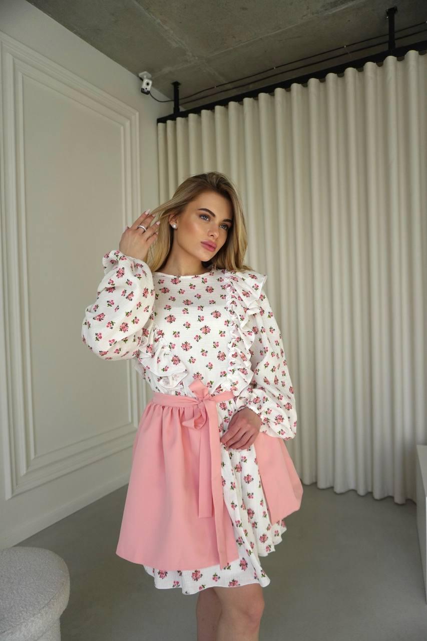 Ніжний жіночий комплект квіткова сукня муслін та контрастна спідниця Sms9076