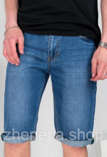 Модні шорти сині чоловічі джинсові на блискавці, кишені, фото 1