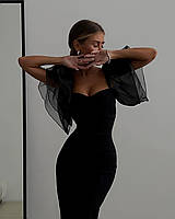 Прямое платье открытое декольте воздушные рукава-воланы креп дайвинг черный- RudSale