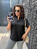 Женская легкая базовая летняя блузка воротник стойкой льняная футболка лён батал больших размеров хлопок 100% Черный, 54/58
