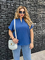 Женская легкая базовая летняя блузка воротник стойкой льняная футболка лён батал больших размеров хлопок 100% Джинс, Oversize 48/52
