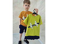 Летний костюм на мальчика футболка с шортами 86-134см Оливковый. Костюм на лето горчичный