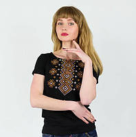 Вышиванка женская футболка с вышивкой с коротким рукавом черная с коричневым женская украинская вышиванка