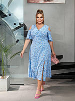 Женское легкое нарядное летнее базовое платье миди на запах софт принт больших размеров батал открытые плечи