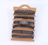Мужской набор кожаных браслетов 5 штук, браслеты подарочные для мужчин Черные