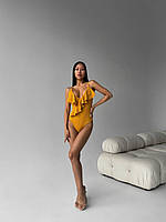 Желтый слитный купальник с воланами для женщин из ткани рубчик стильные пляжные женские купальники