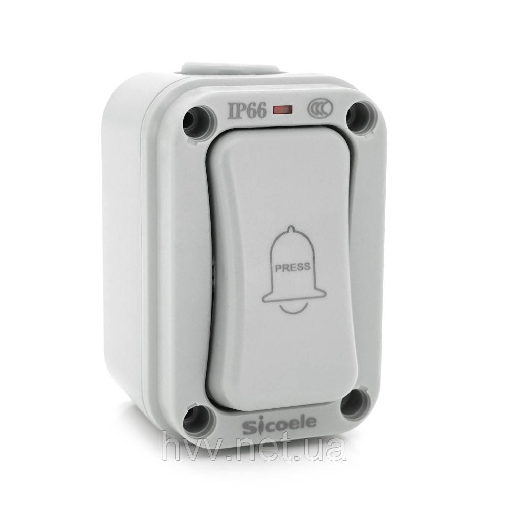 Кнопка дзвінка одинарна, зовнішнього монтажу, водонепроникна, IP66, AC:110-250V, 16A, Grey