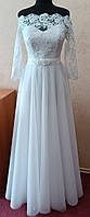 Ніжна біла мереживна весільна сукня з відкритими плечима і рукавом 3/4, розмір 46, б/у