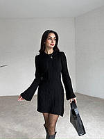 Трикотажное мини платье длинные расклешенные рукава черный- RudSale