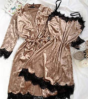 Комплект ночнушка и халат яркий и очень красивый из мраморного велюра МОККО- RudSale