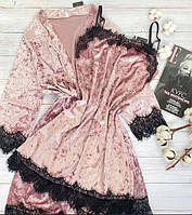Комплект ночнушка и халат яркий и очень красивый из мраморного велюра ПУДРА- RudSale
