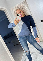 Теплый длинный трехцветный свитер синий+джинс+серый- RudSale