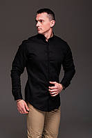 Стильная мужская льняная рубашка чёрная , воротник стойка XL