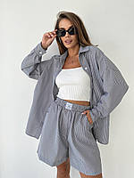 Легкий костюм Рубашка оверсайз и шорты на высокой посадке коттон серый в полоску- RudSale