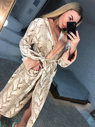 Жіночий теплий довгий махровий халат із капюшоном бежевий ТУРЦІЯ, фото 1