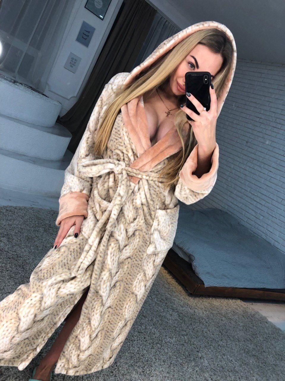 Жіночий теплий довгий махровий халат із капюшоном бежевий ТУРЦІЯ, фото 1