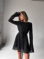 Шифоновое платье длинные расклешенные рукава вырез по спине черный- RudSale