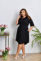 Женское легкое нарядное летнее базовое платье рубашка с поясом на пуговицах софт больших размеров батал Черный, 64/66