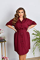 Женское легкое нарядное летнее базовое платье рубашка с поясом на пуговицах софт больших размеров батал Бордовый, 64/66