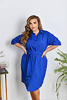 Женское легкое нарядное летнее базовое платье рубашка с поясом на пуговицах софт больших размеров батал Синий, 64/66