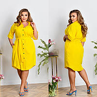 Женское легкое нарядное летнее базовое платье рубашка с поясом на пуговицах софт больших размеров батал Желтый, 60/62