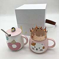 Чашка керамическая с крышкой и ложкой розовая котик слоник Подарочный набор 2 шт