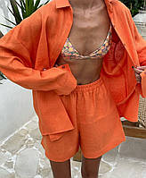 Женский летний яркий костюм двойка рубашка шорты оранжевый