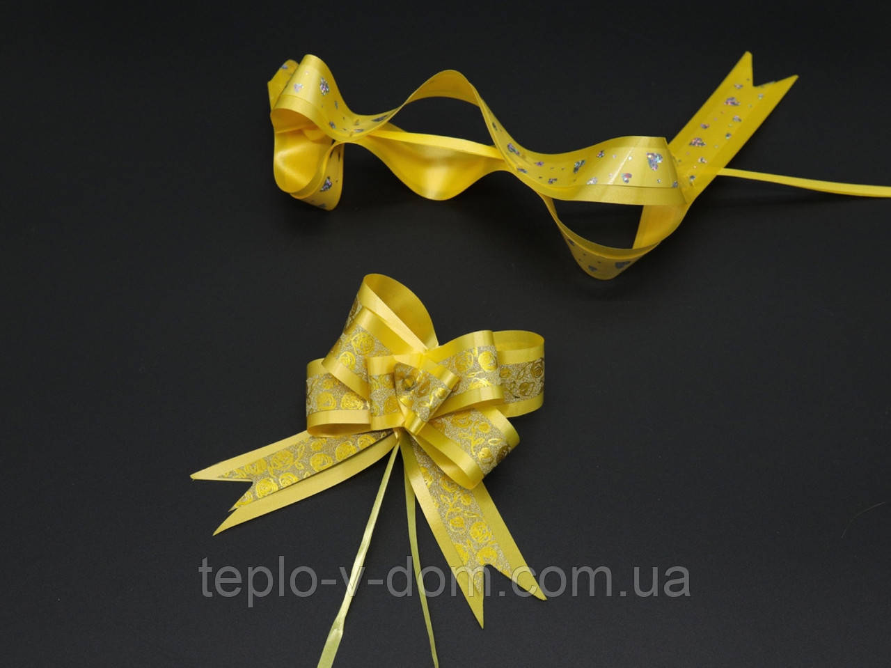 Подарунковий бант красивий на затяжках зі стрічки для декору та упаковки Колір жовтий. 4х9 см