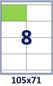 Папір самоклеючий формату А4. Етикеток на аркуші: 8 шт. Розмір: 105х71 мм .Упаковка 100 аркушів/800 етикеток