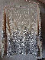 Женская нарядная блуза расшита бисером (бежевая)