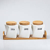 Набор керамических банок сахар/чай/кофе 3 штуки с бамбуковой крышкой по 500 мл на подставке белые